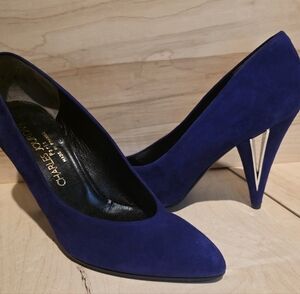 Vtg Charles Jourdan Paris Royal Blue Heels Velvet Leather Size 6.5.